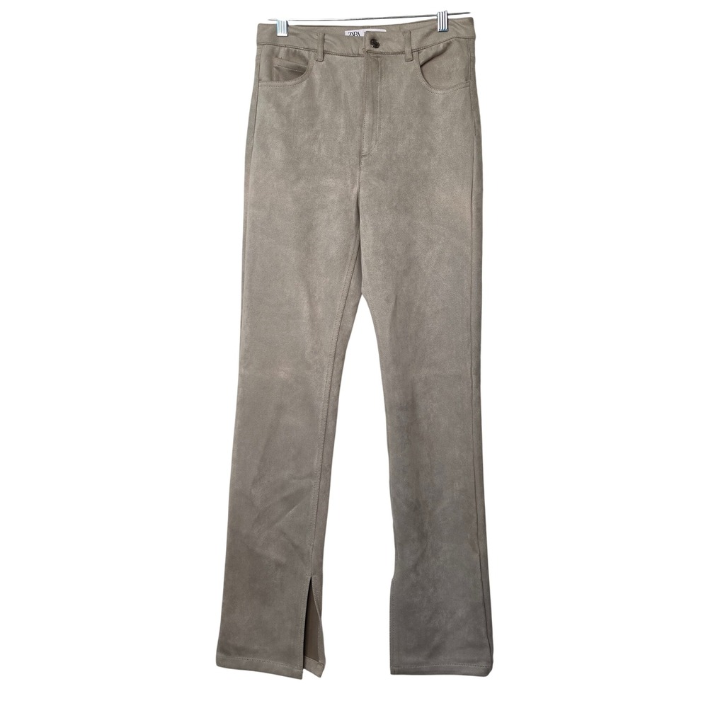Zara Pants Womens 4 Taupe Faux Suede High Rise Straight Leg Inner Slit Hem 3075